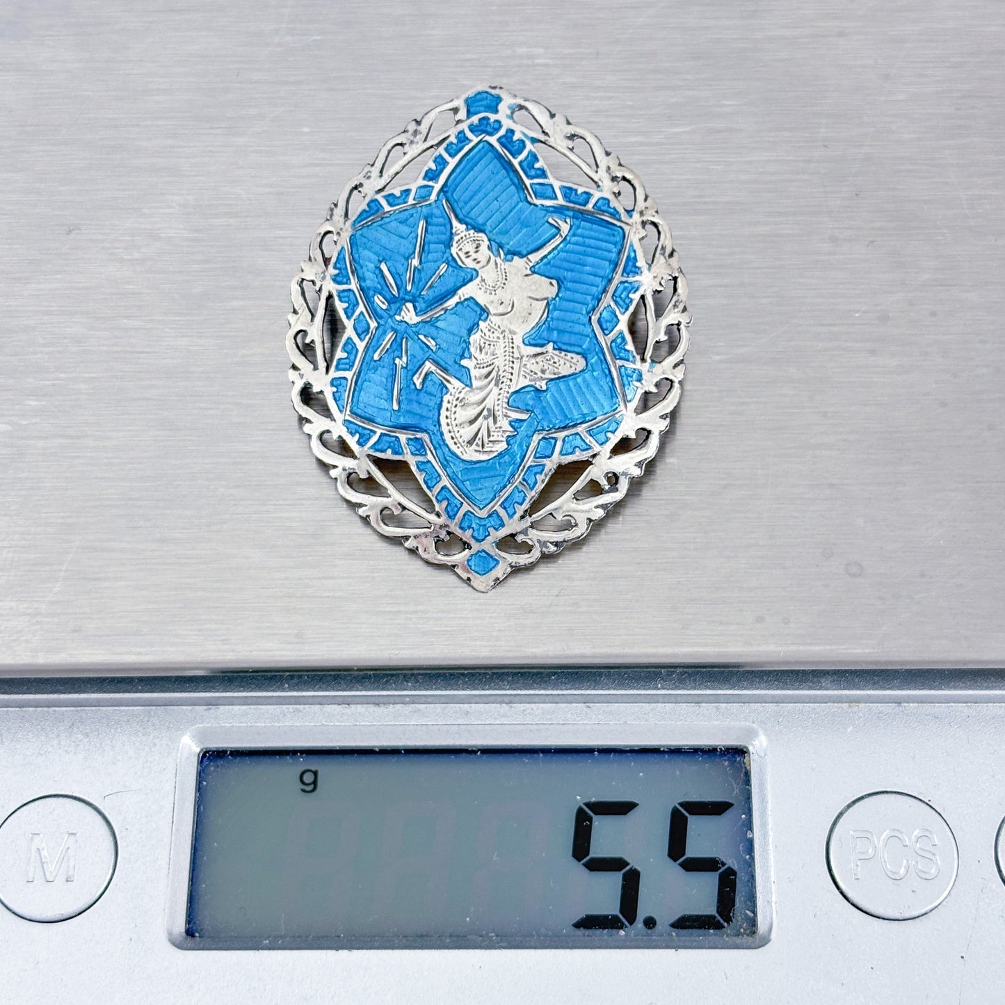 Vintage Sterling Silver 925 Blue Niello Siam Filigree Brooch