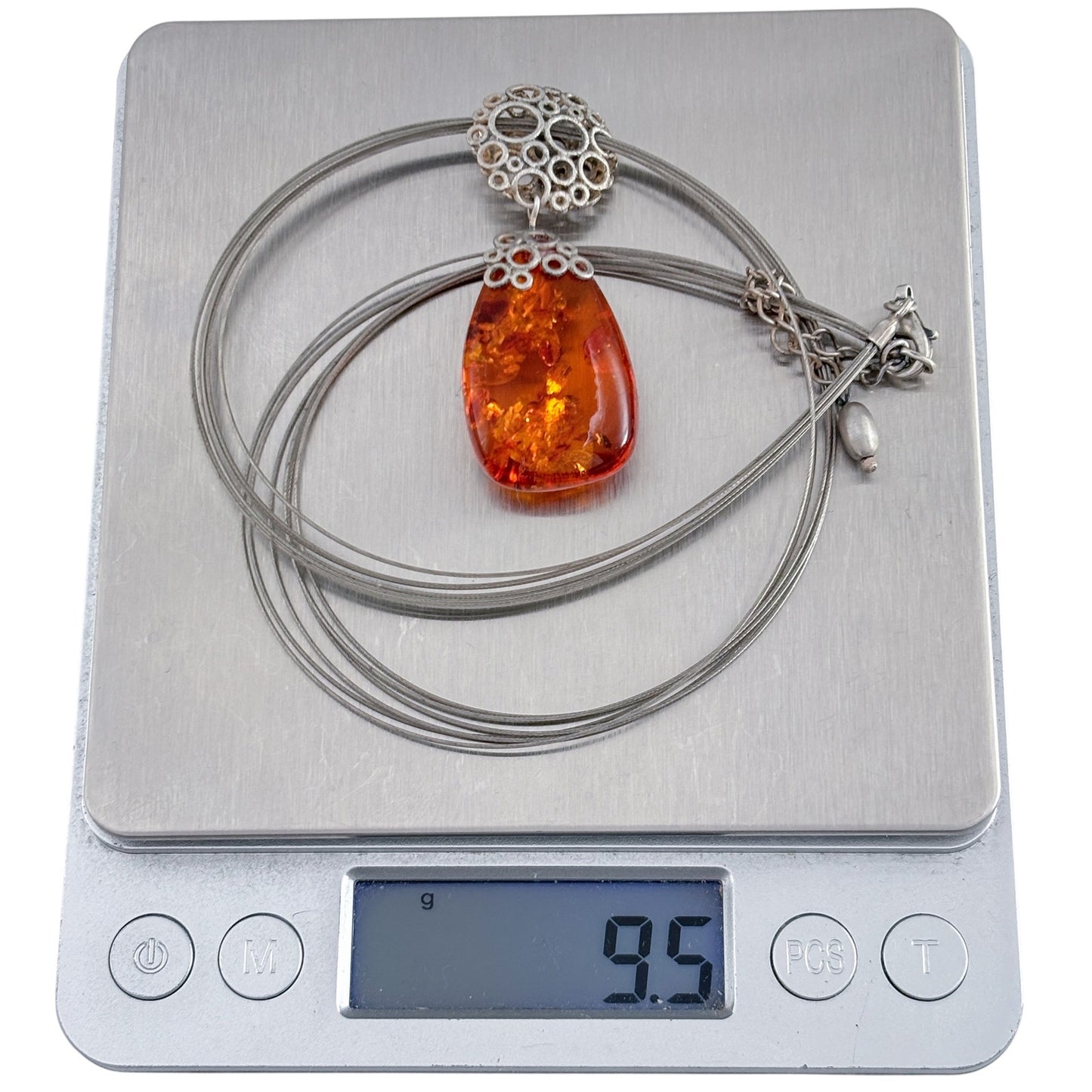 Vintage Sterling Silver 925 Amber Teardrop Pendant Necklace 16.5-18.5"