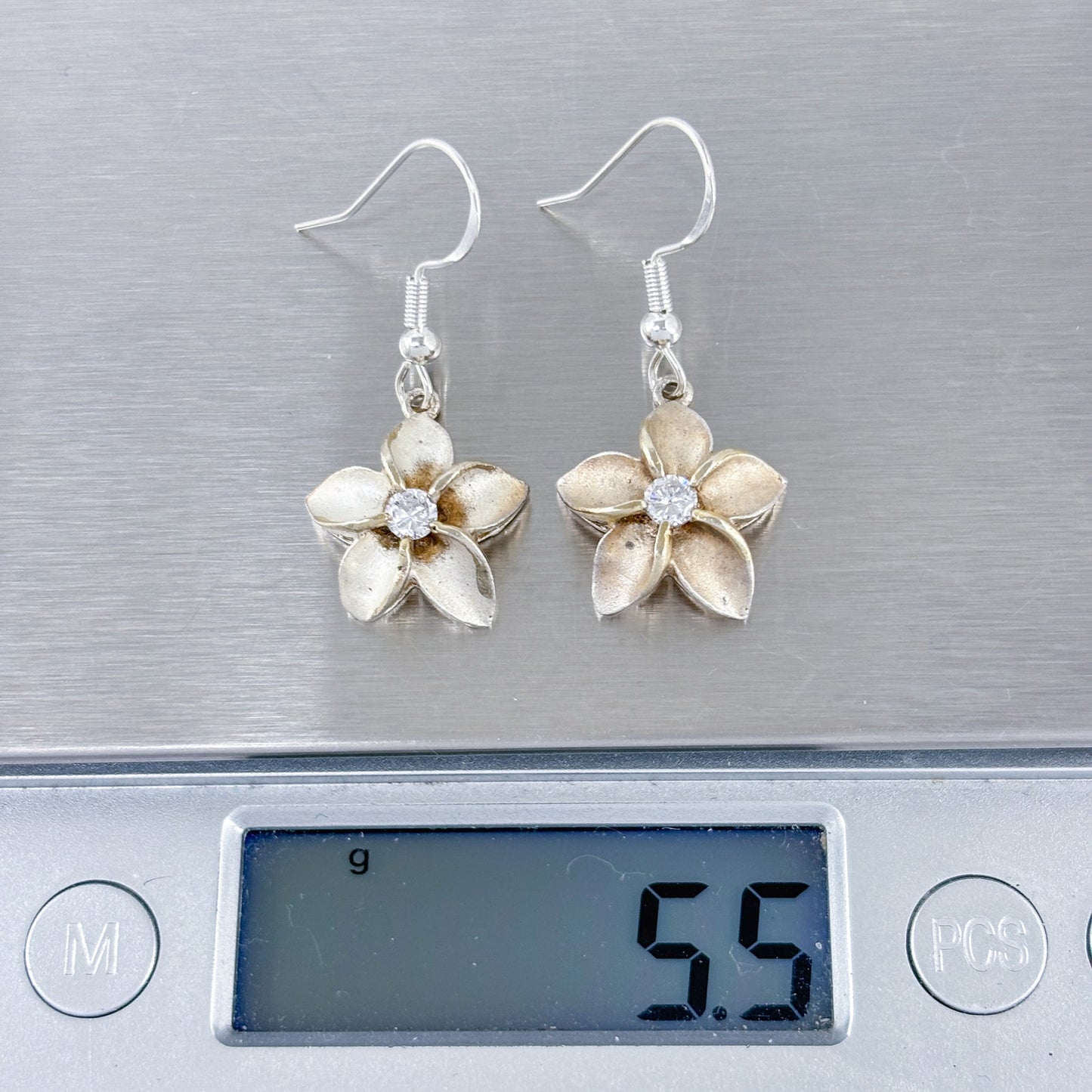 Estate Sterling Silver 925 Flower Cubic Zirconia Earrings