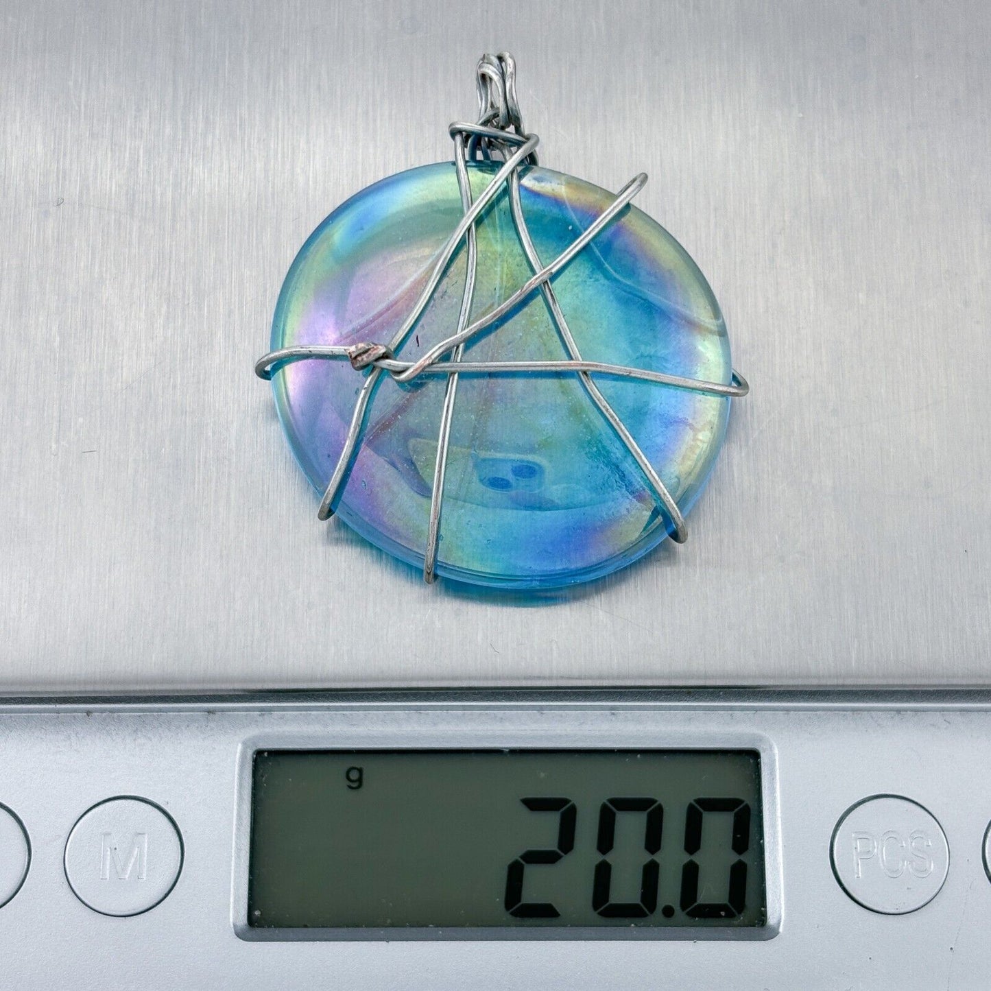 Vintage Silver-Tone Wire Wrapped Iridescent Blue Cabochon Pendant