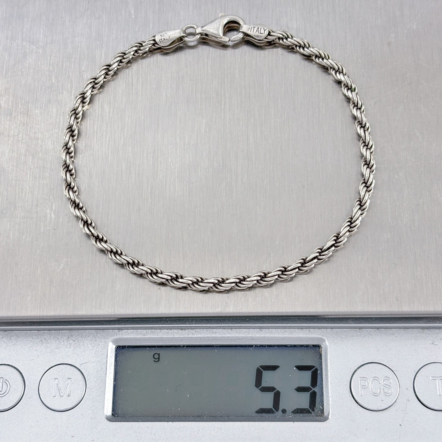 Vintage Italian Sterling Silver 925 Rope Chain Bracelet 7.25"