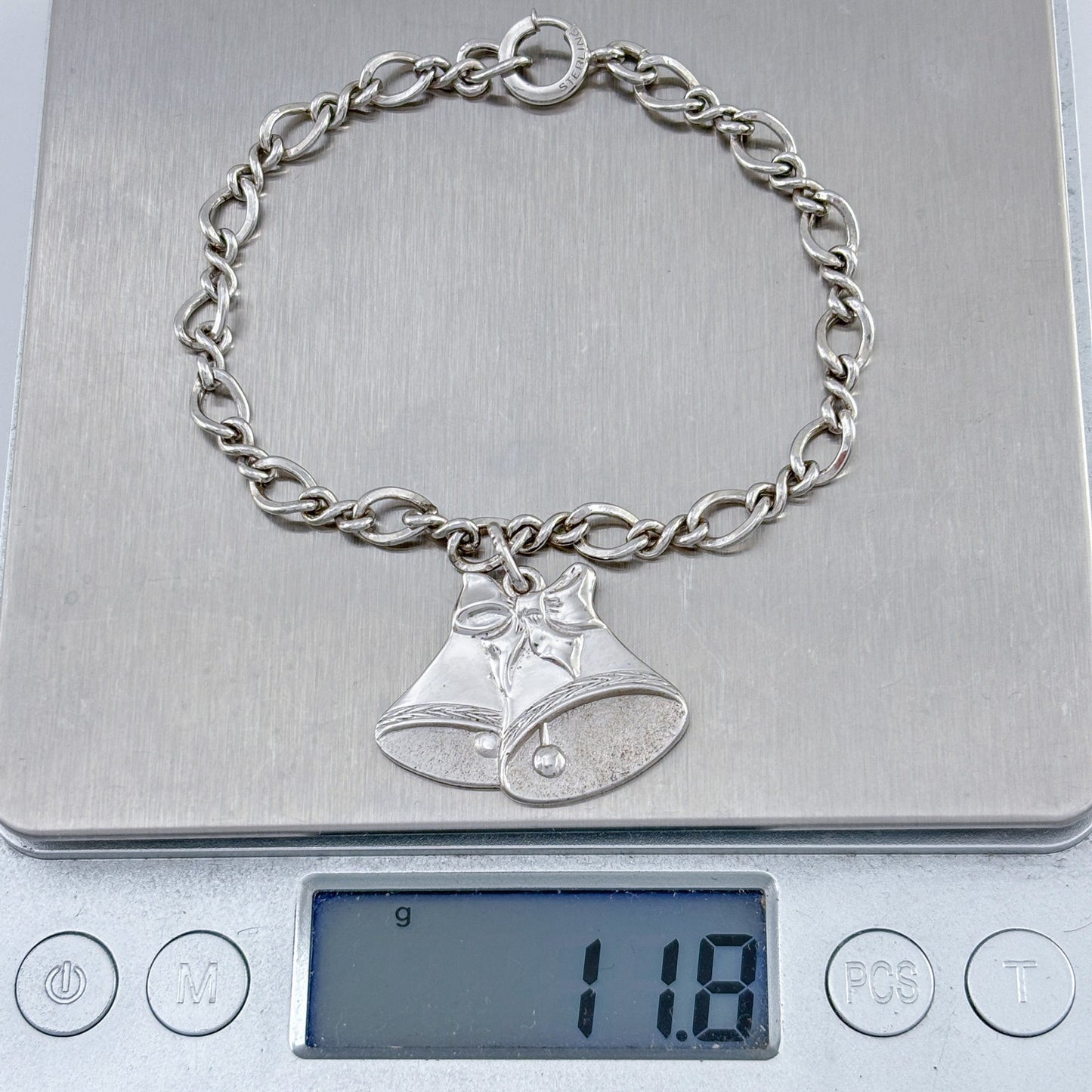 Vintage Sterling Silver 925 Double Bell Charm Bracelet 7.25"