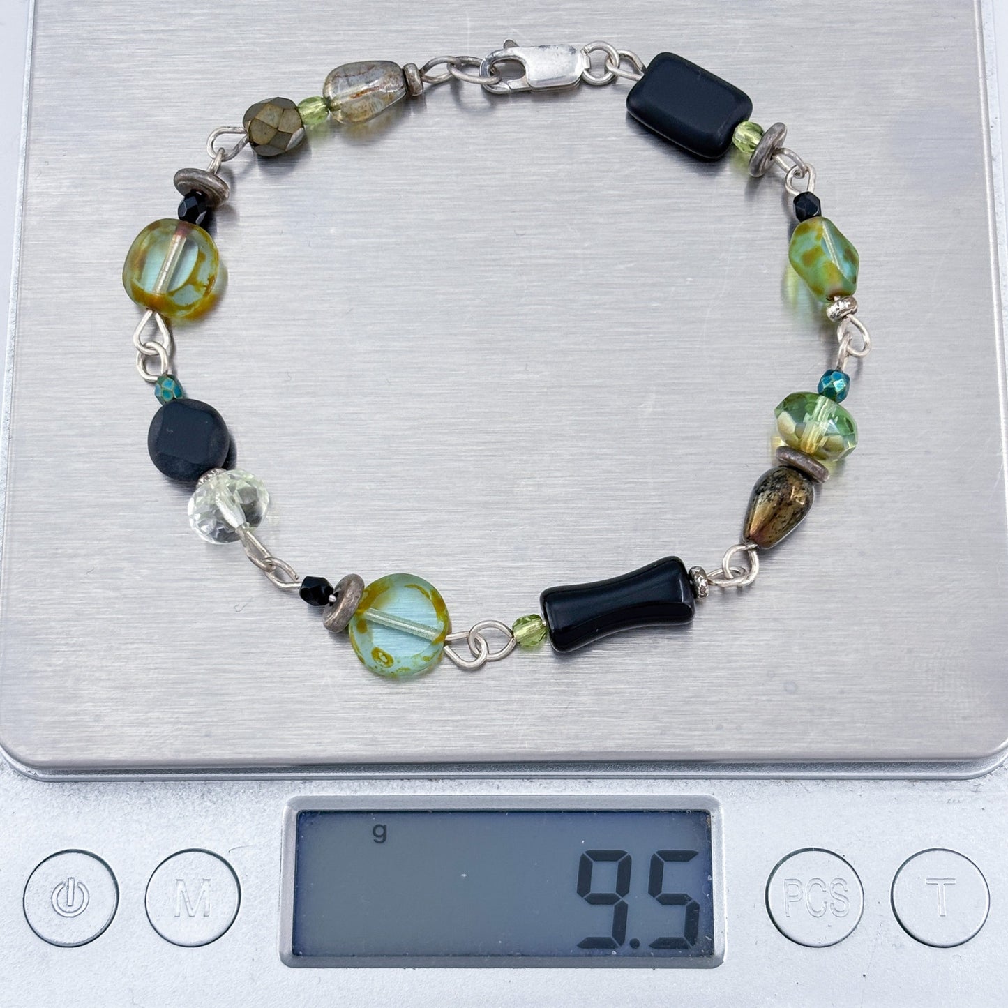 Vintage Sterling Silver 925 Mixed Glass Bead Bracelet 8"
