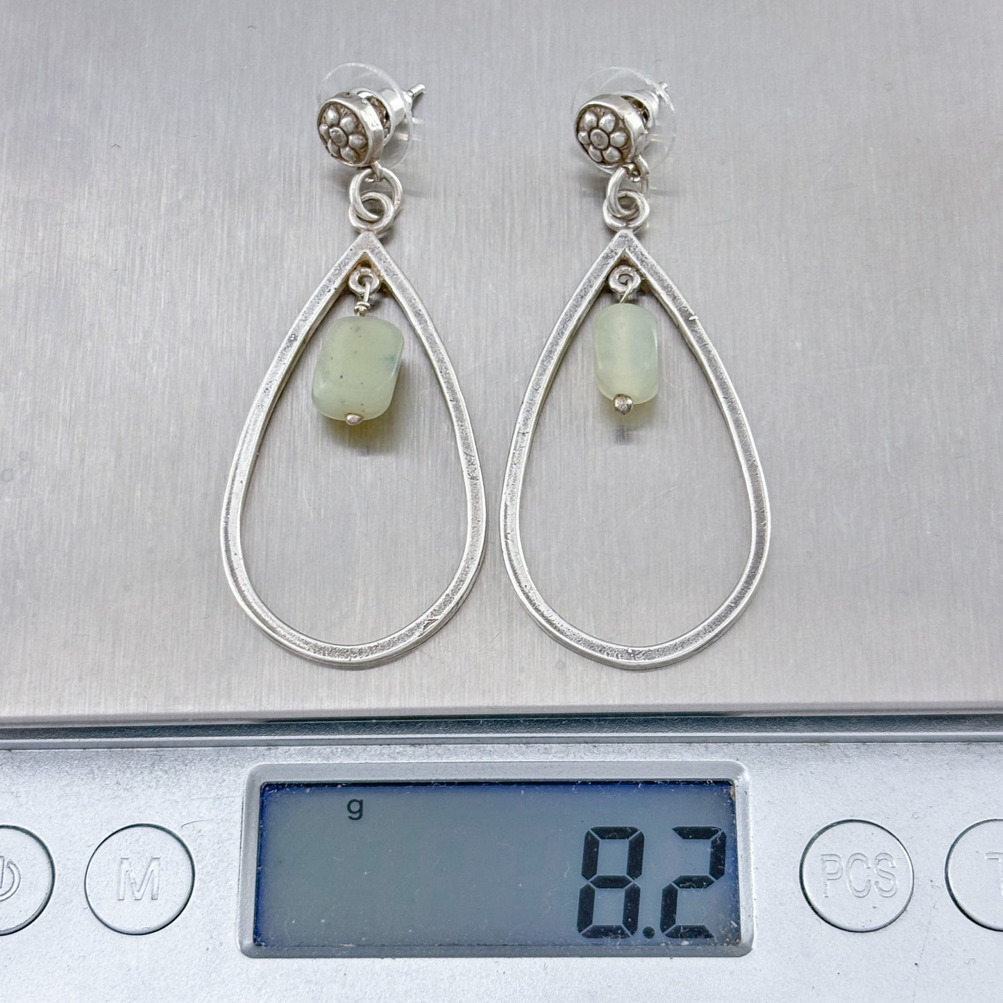 Vintage Sterling Silver 925 Chrysoprase Stone Dangle Open Teardrop Earrings