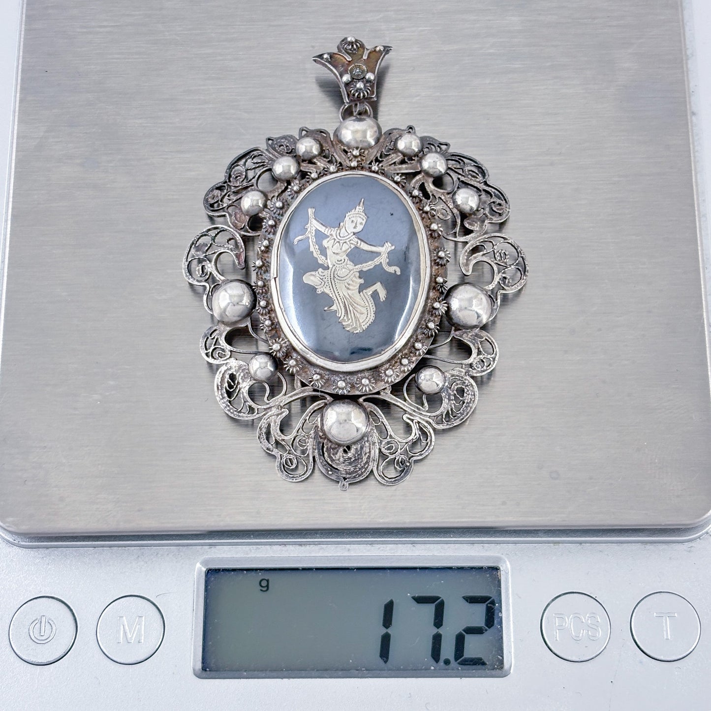 Vintage Siam Sterling Silver 925 Black Enamel Dancer Pendant