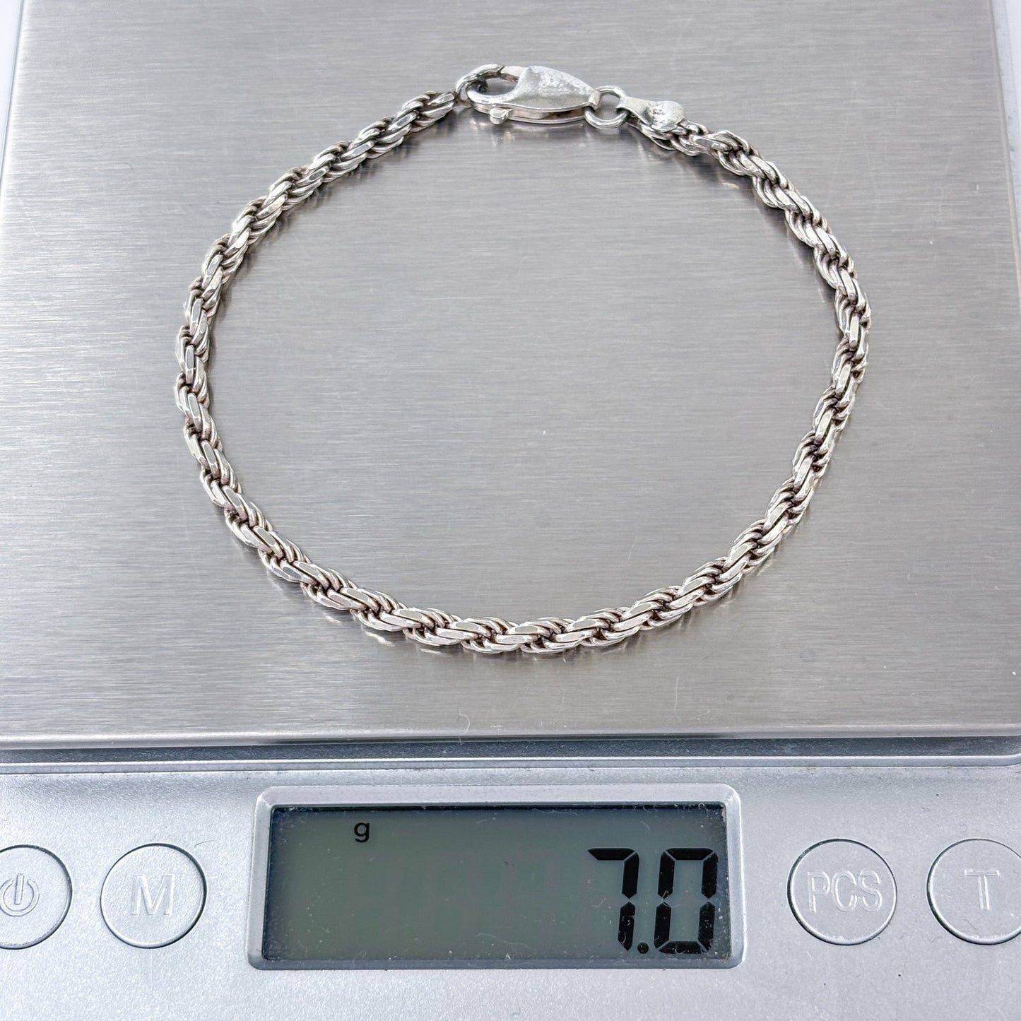 Estate Italy Sterling Silver 925 3mm Rope Chain Bracelet 7.5” | Italian Silver