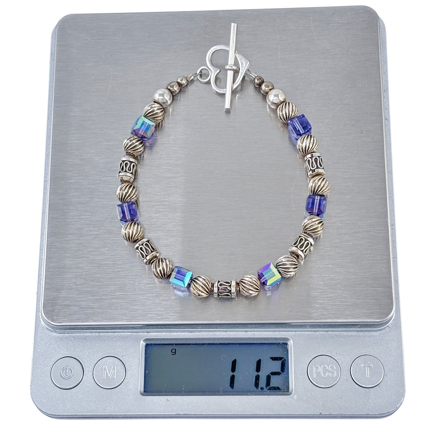 Vintage Sterling Silver 925 Iridescent Crystal Beaded Bracelet 7.5"