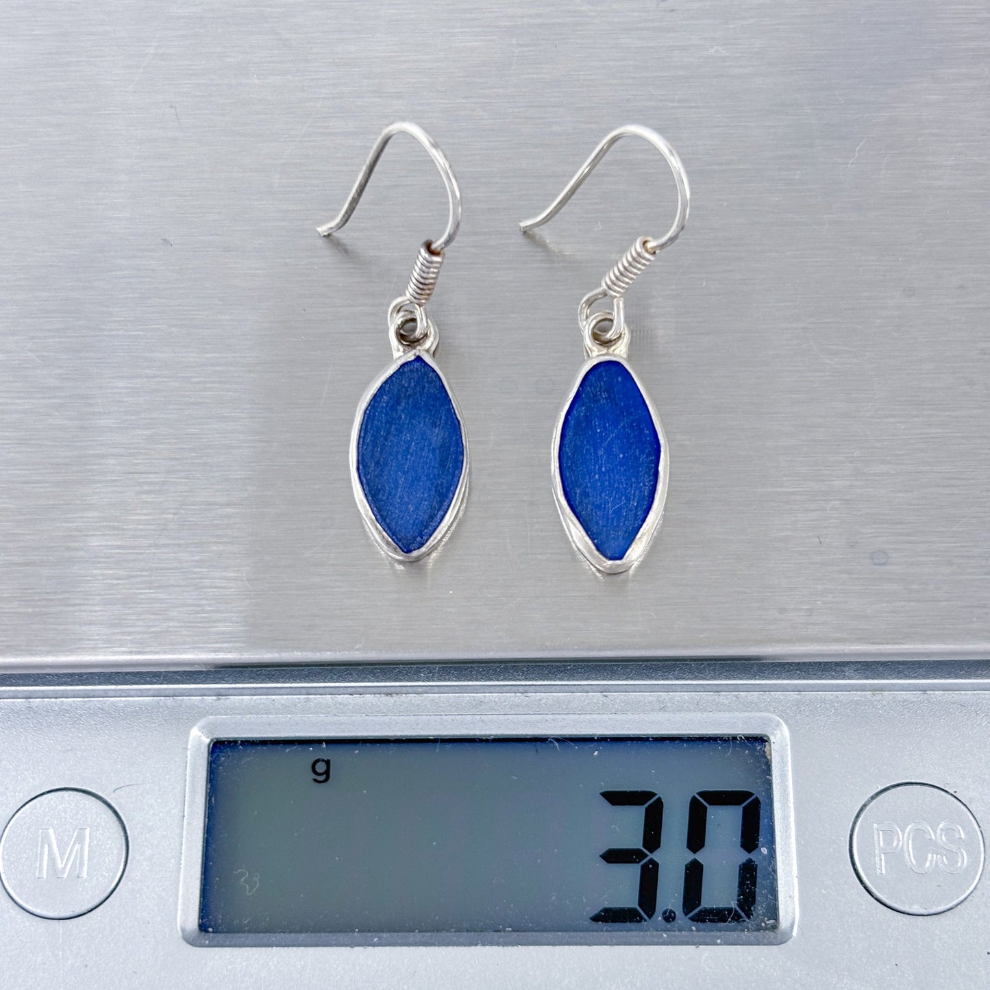 Estate Sterling Silver 925 Blue Glass Marquise Earrings