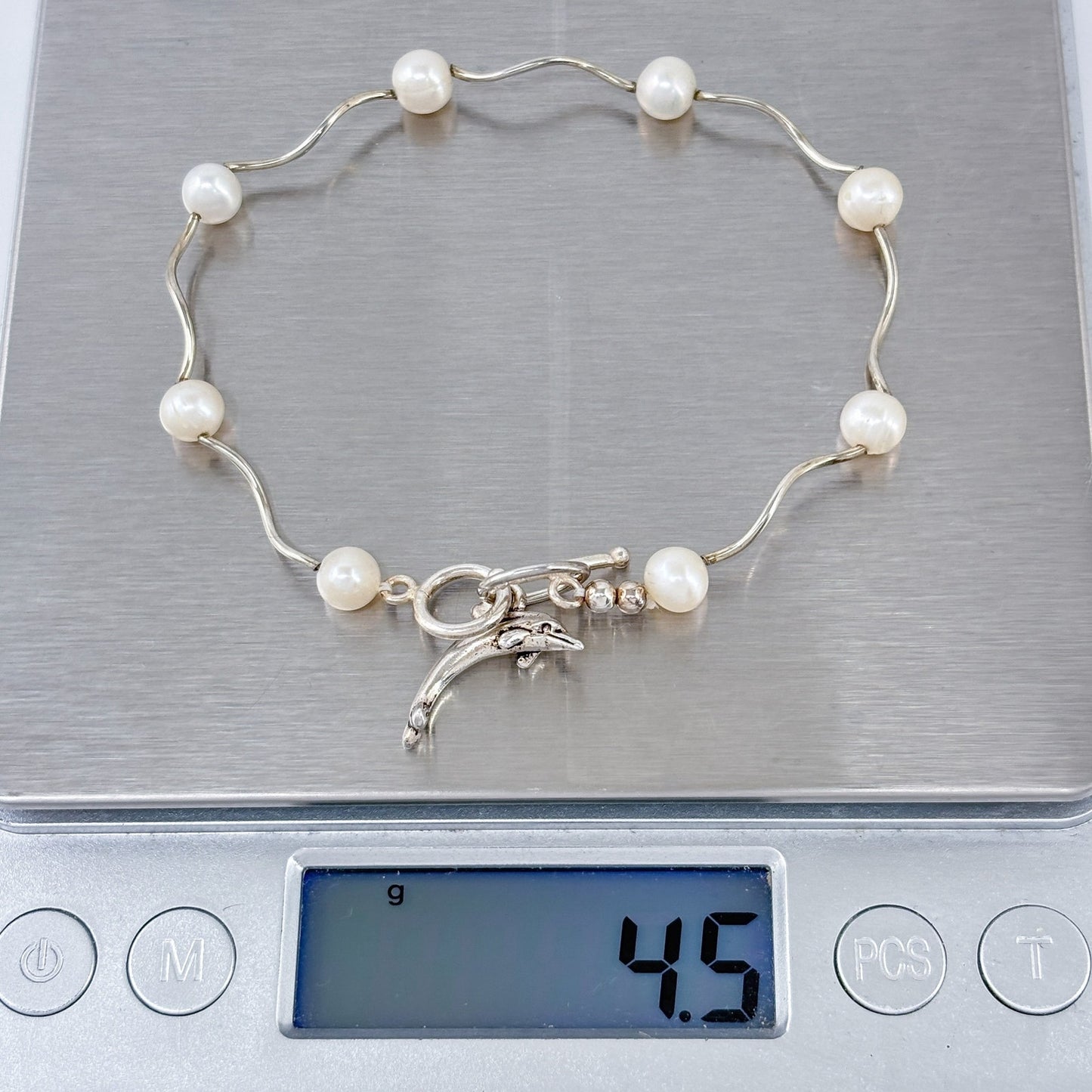 Vintage Sterling Silver 925 Pearl Dolphin Charm Bracelet 7.5"