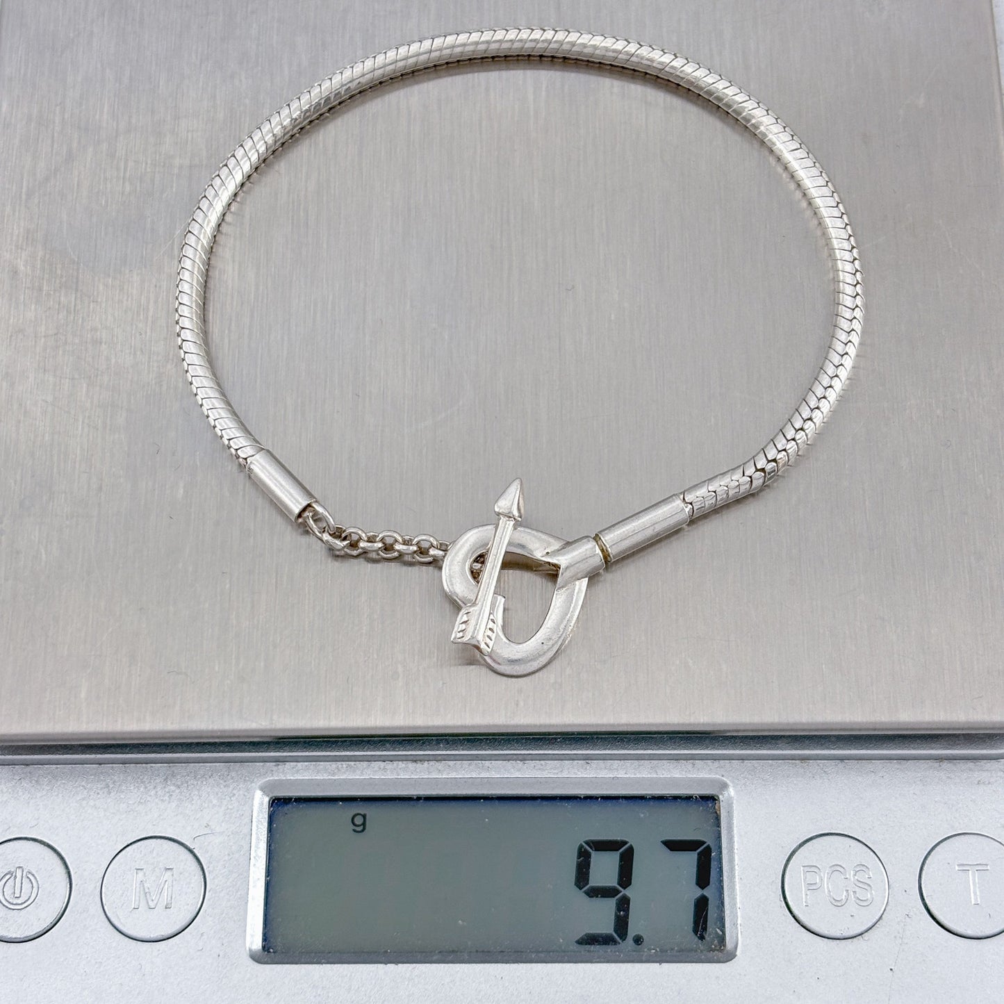 Vintage Sterling Silver 925 Snake Chain Heart Toggle Bracelet 7"