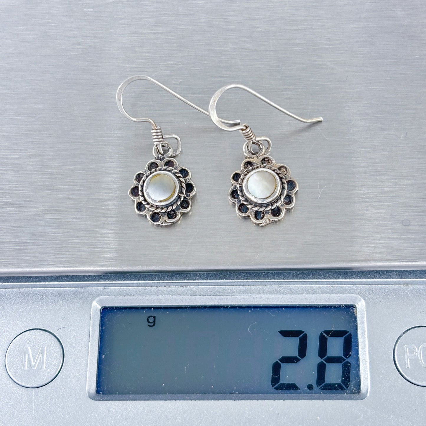Vintage Sterling Silver 925 Mother of Pearl Flower Drop Earrings