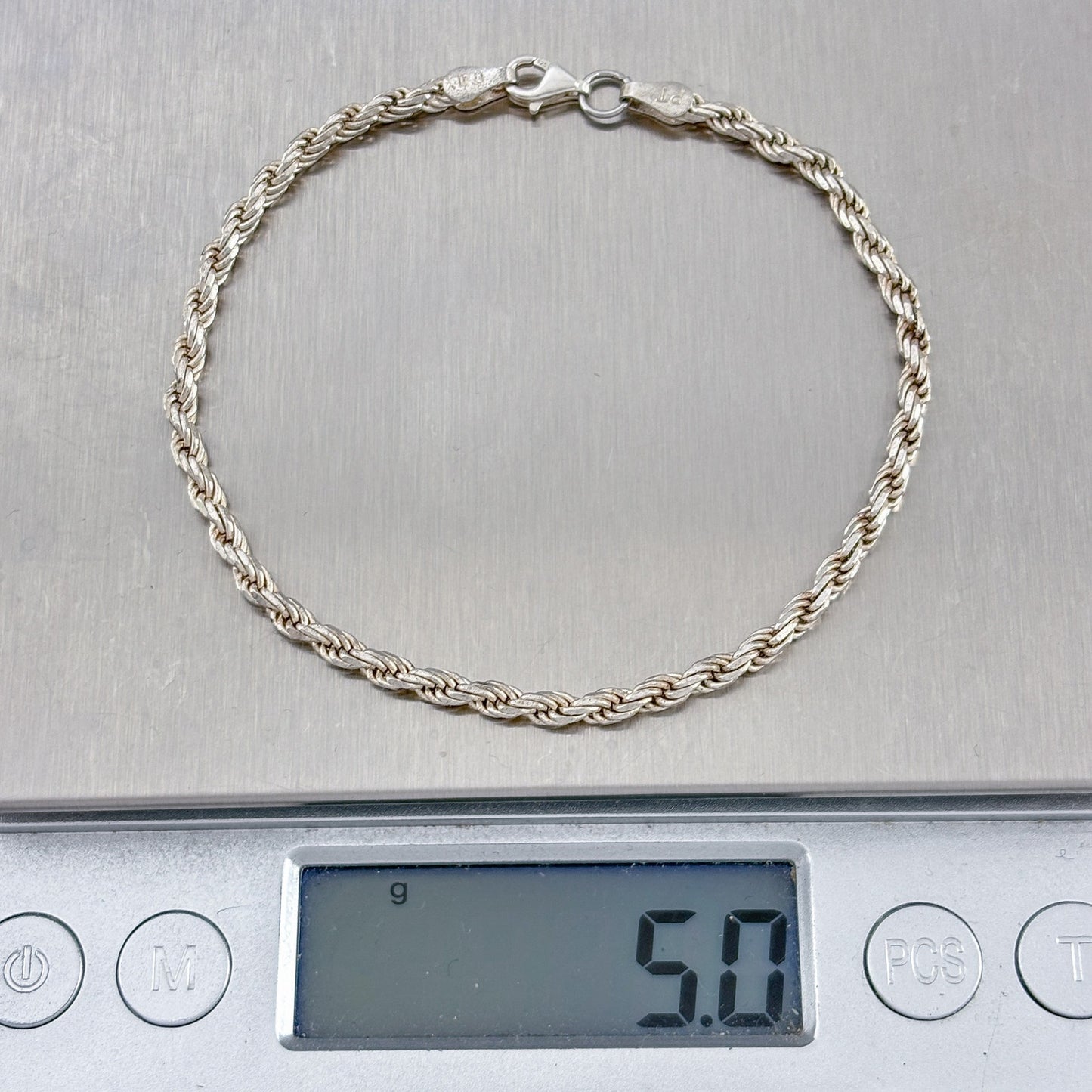Vintage Italian Sterling Silver 925 Rope Chain Bracelet 7.25"