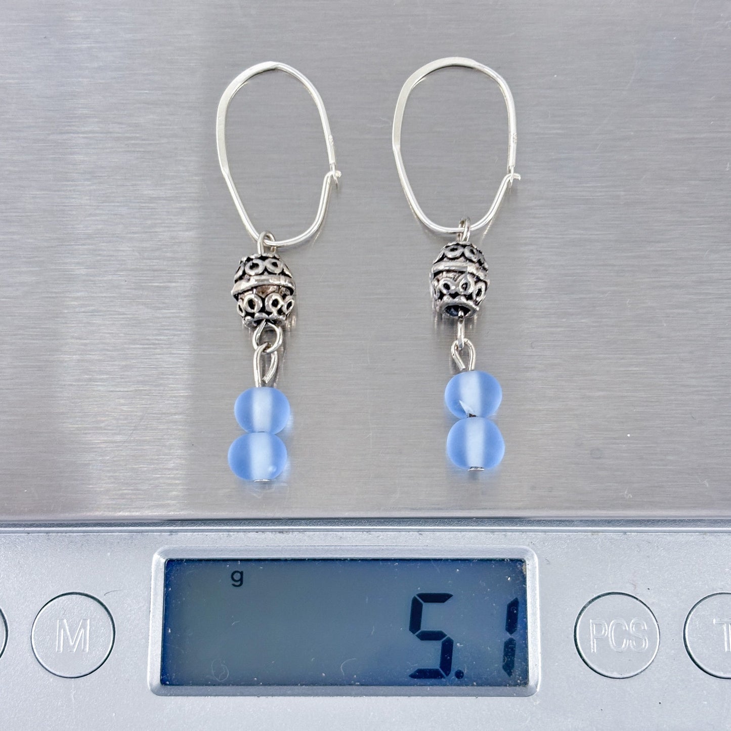 Vintage Sterling Silver 925 Blue Frosted Glass Filigree Drop Earrings