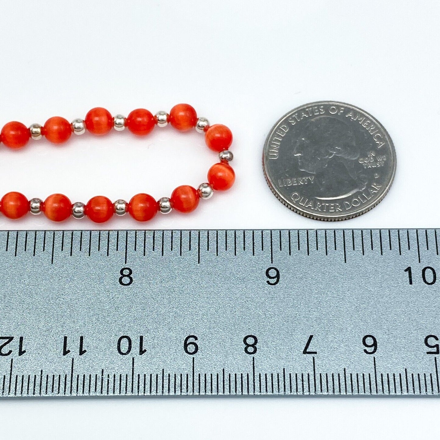 Vintage Sterling Silver 925 Orange Cat’s Eye Necklace 16-17.75"