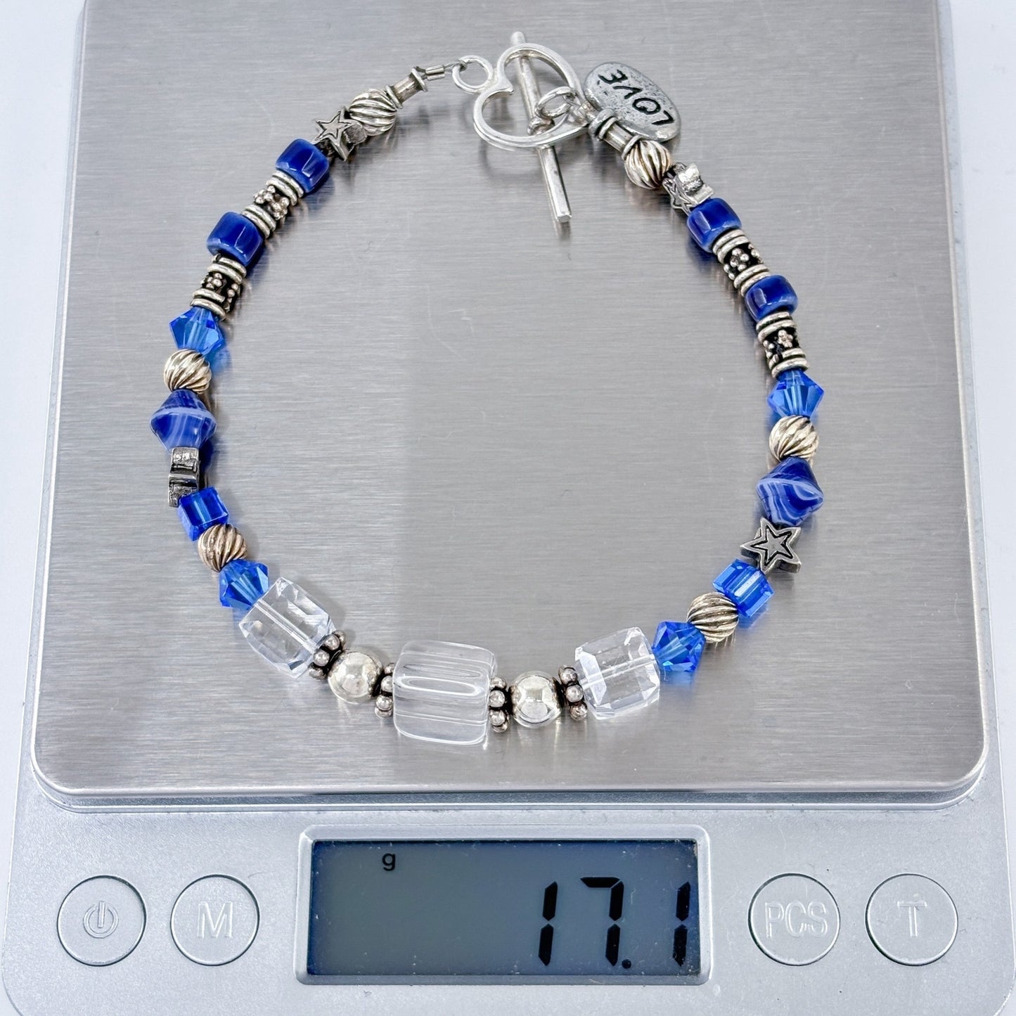 Vintage Sterling Silver 925 Blue Crystal Love Charm Bracelet 8.5"