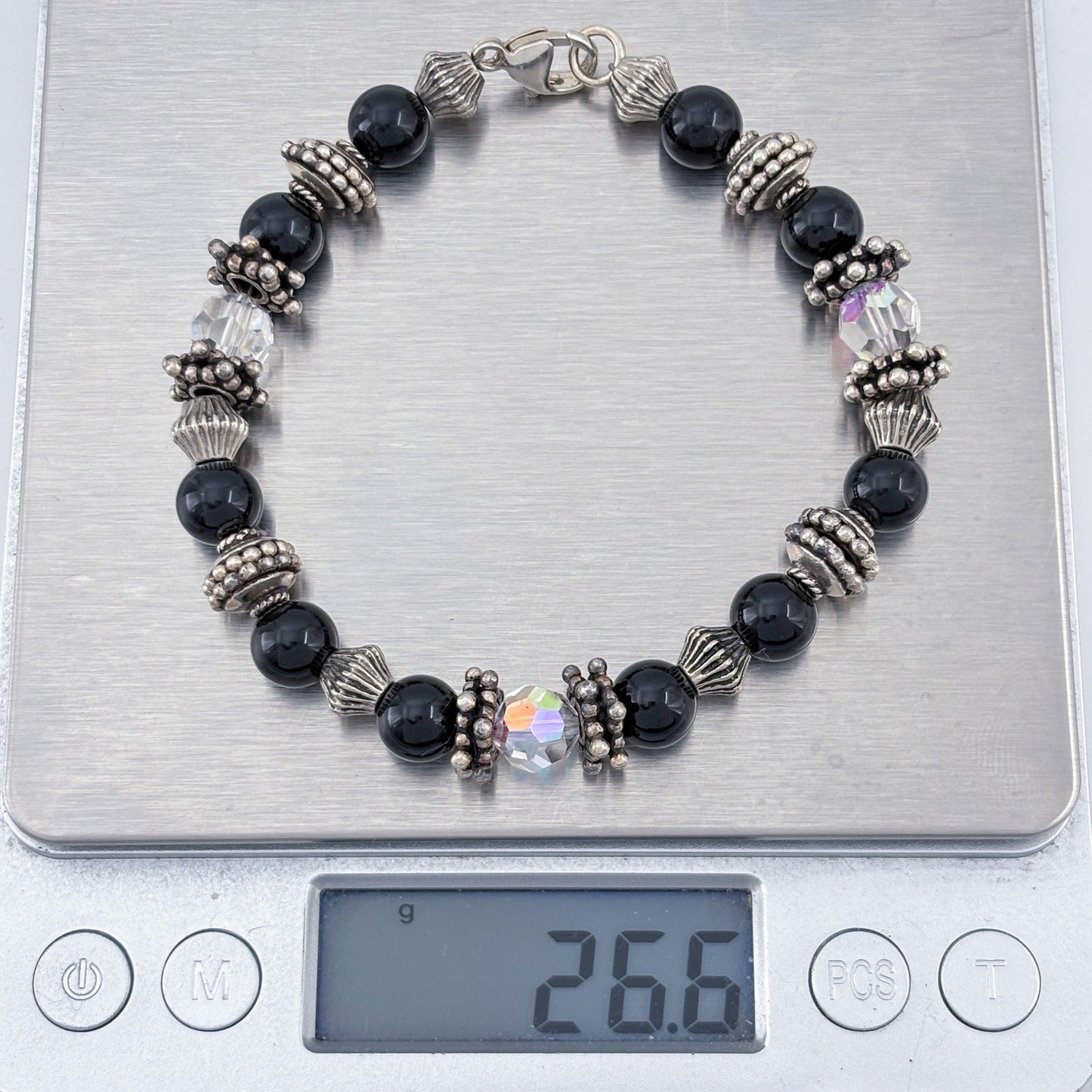 Vintage Sterling Silver 925 Onyx & Crystal Bracelet 8"