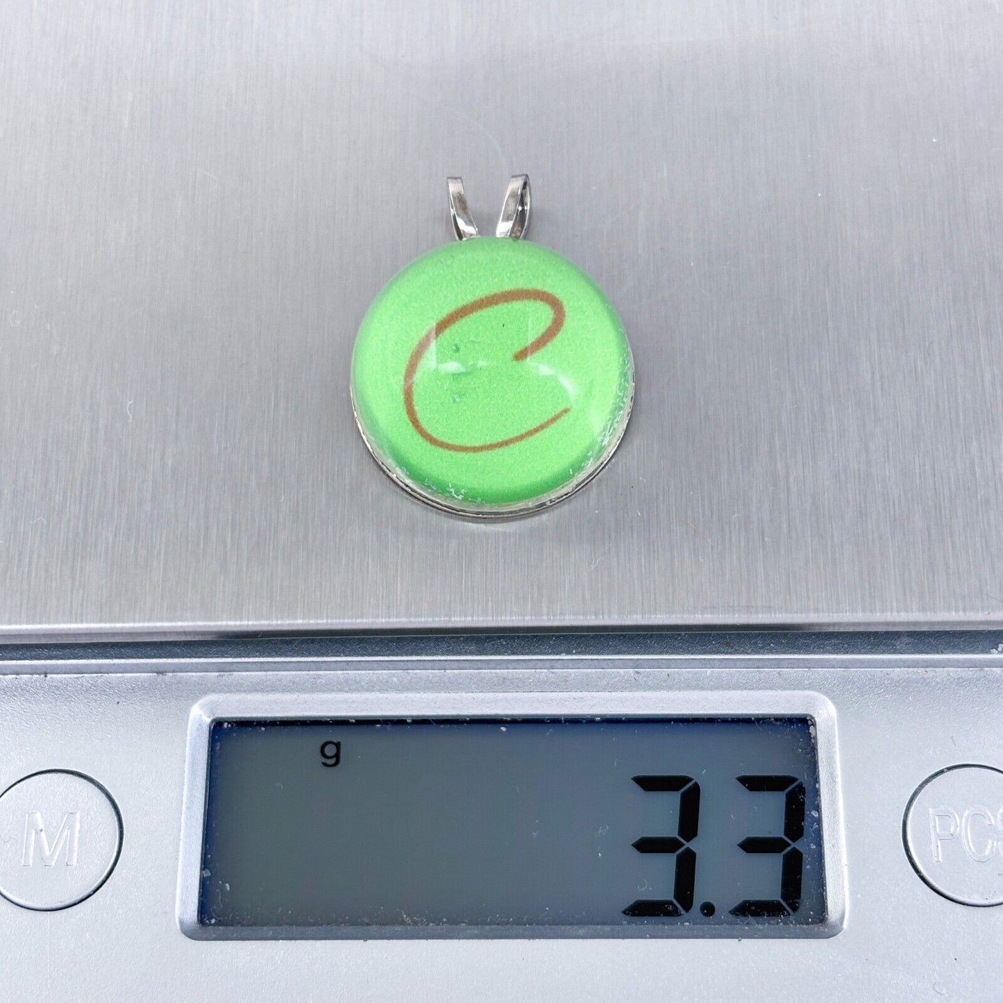 Vintage Silver-Tone Green Glass Monogram "C" Pendant