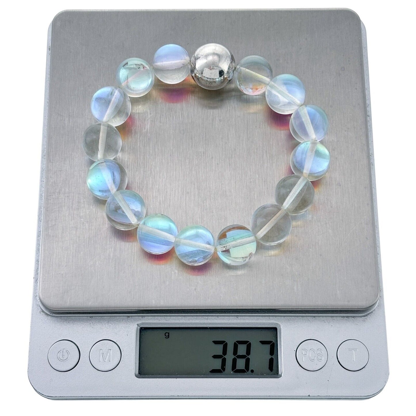 Vintage Silver-Tone Opalescent Frosted Glass Bead Stretch Bracelet 6.25"