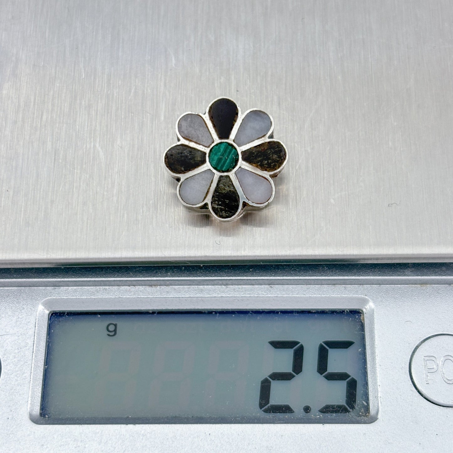 Vintage Sterling Silver 925 Malachite Mother Of Pearl Jet Flower Pendant