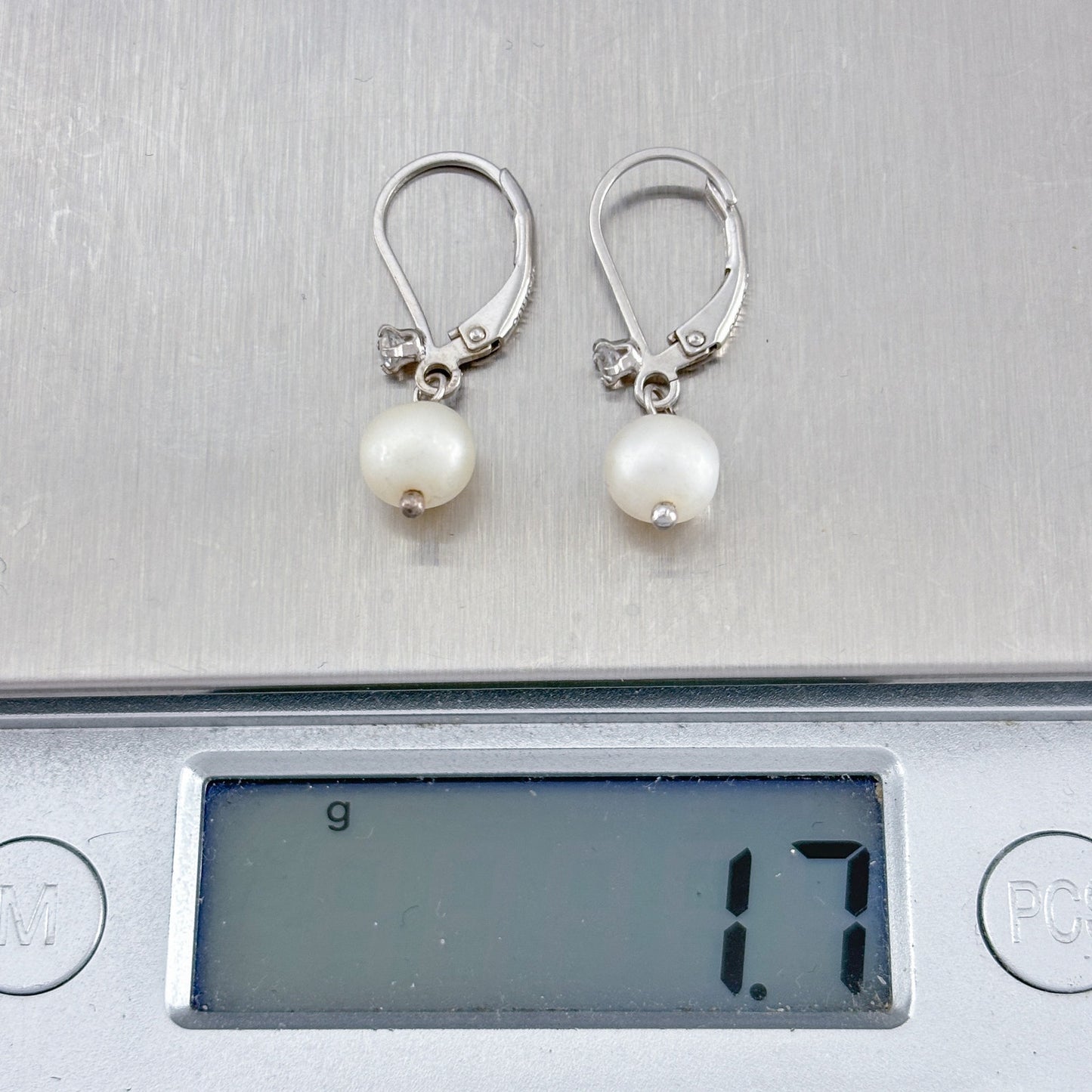 Vintage Sterling Silver 925 Pearl Diamond 0.06ctw Leverback Earrings