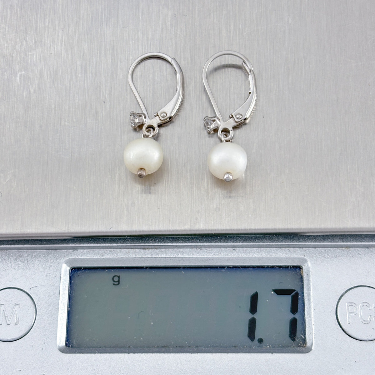 Vintage Sterling Silver 925 Freshwater Pearl & Diamond Leverback Earrings