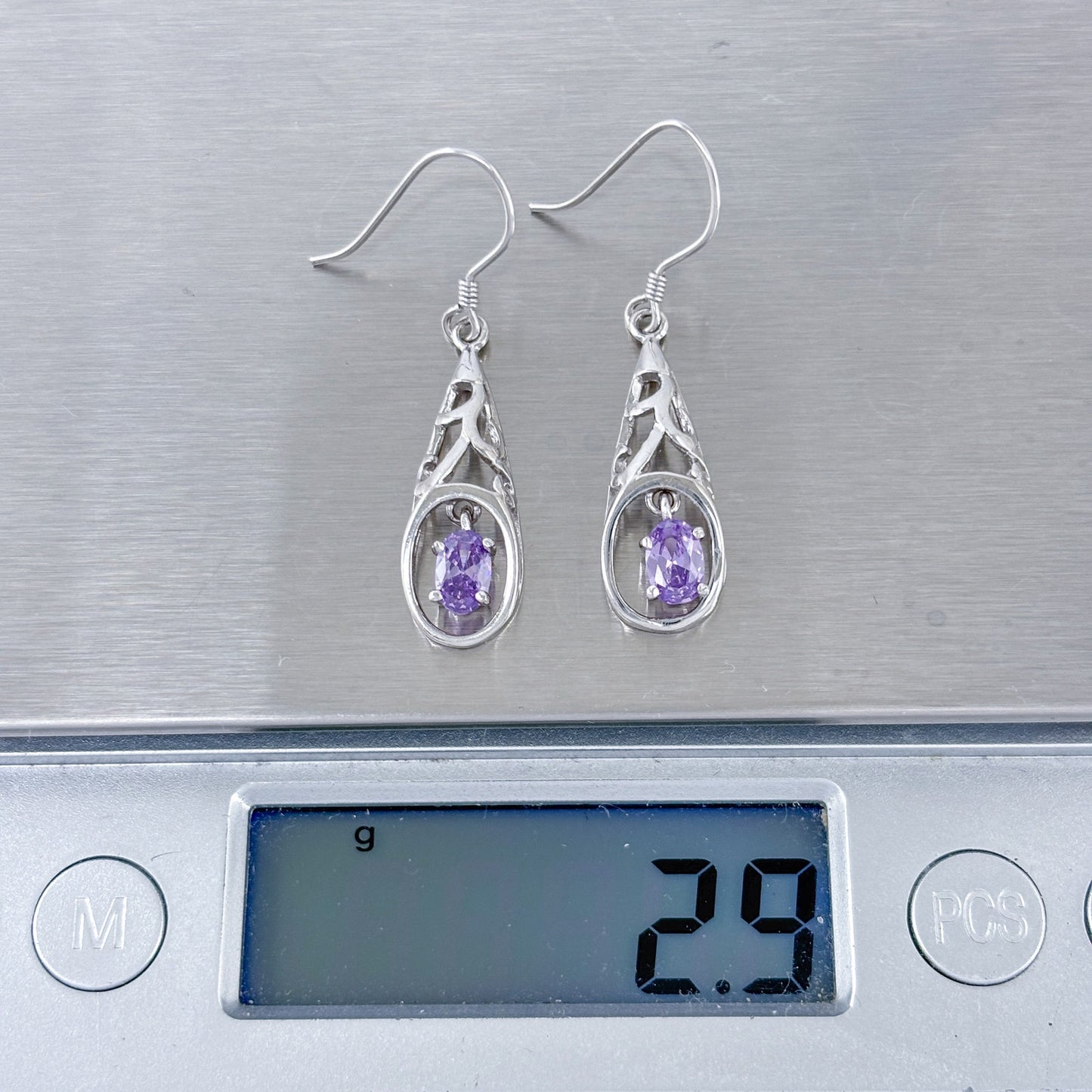 Estate Sterling Silver 925 Amethyst Filigree Dangle Earrings