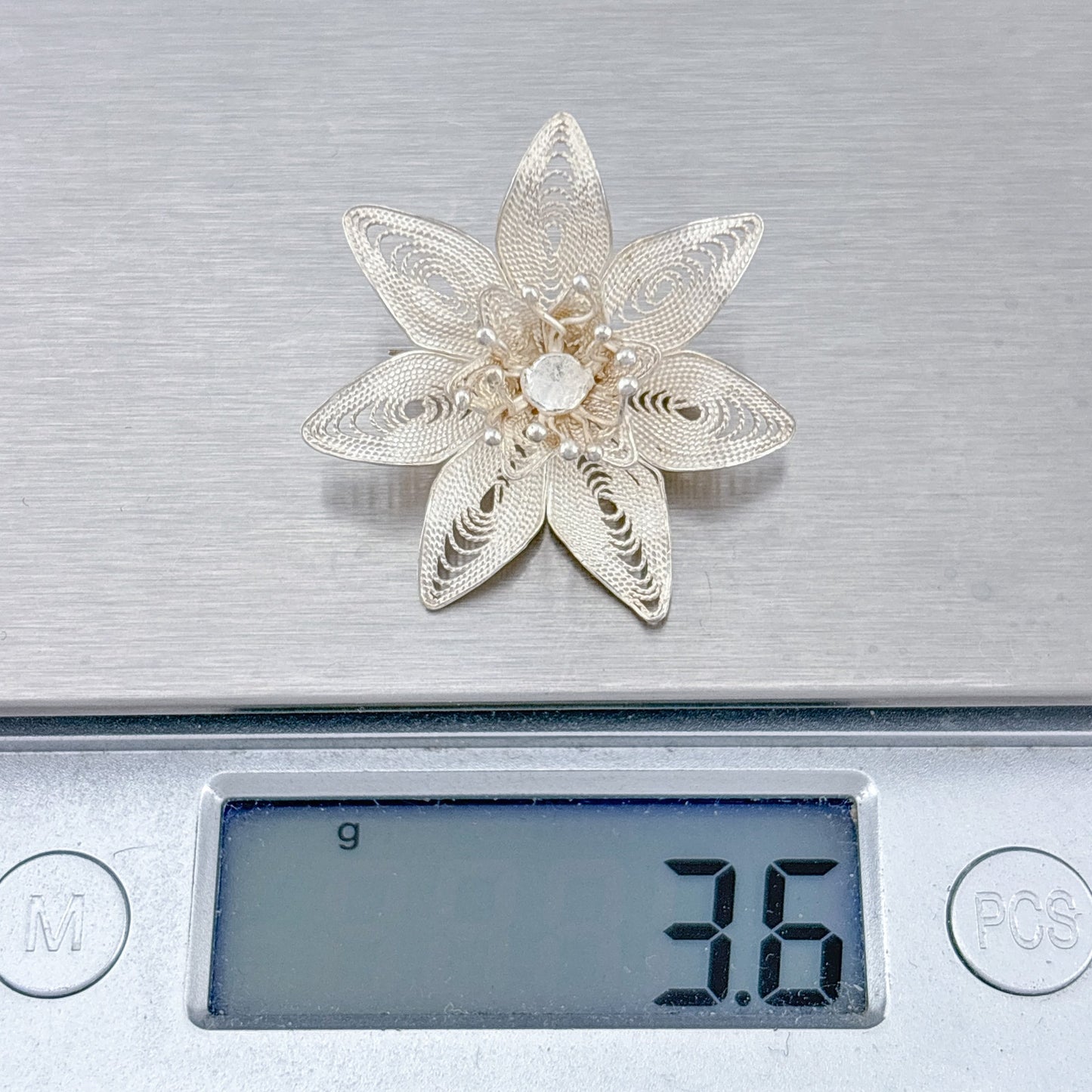Vintage Sterling Silver 925 Filigree Flower Brooch
