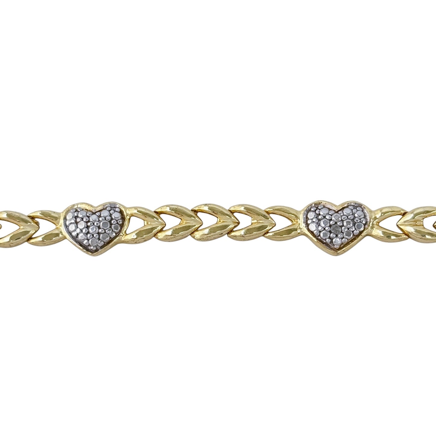 Vintage Gold-Tone Sterling Silver 925 Diamond Heart Link Bracelet 7.5"