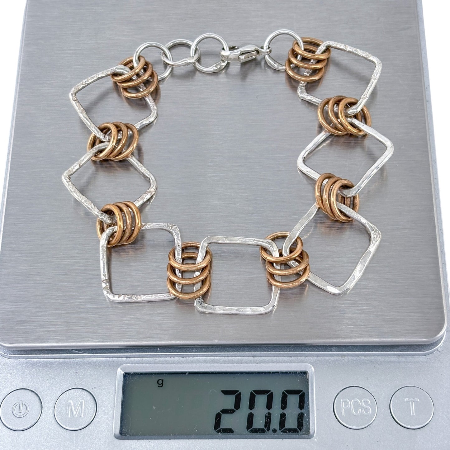 Estate Sterling Silver 925 Mixed Metal Geometric Link Bracelet 7.5"-8"