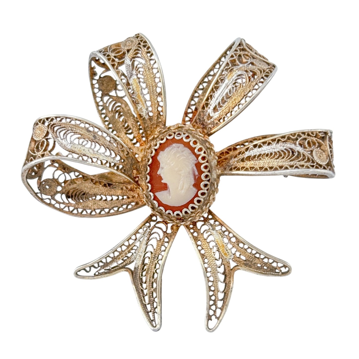 Vintage Vermeil Over Sterling Silver 800 Shell Cameo Filigree Bow Brooch