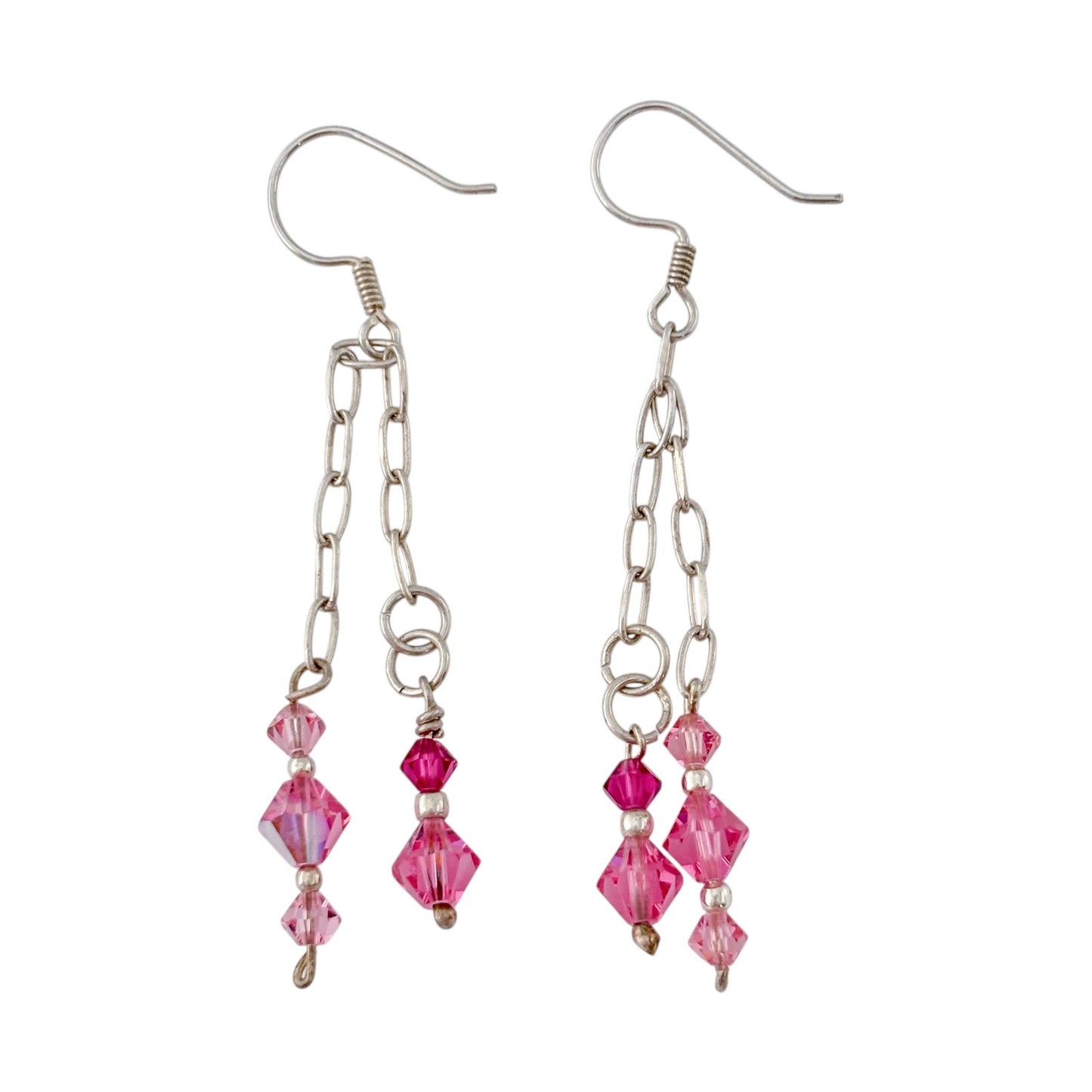 Vintage Sterling Silver 925 Pink Crystal Chain Dangle Earrings