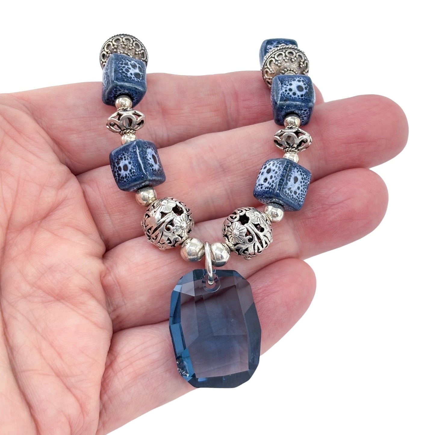 Estate Sterling Silver 925 Porcelain Blue Swarovski Necklace 17.5"-19.5"