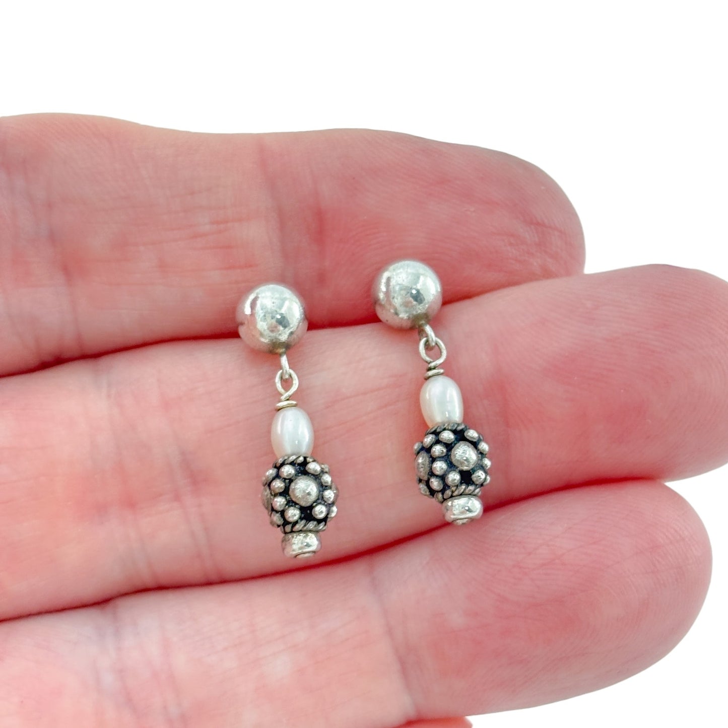 Vintage Sterling Silver 925 Pearl Bead Dangle Stud Earrings