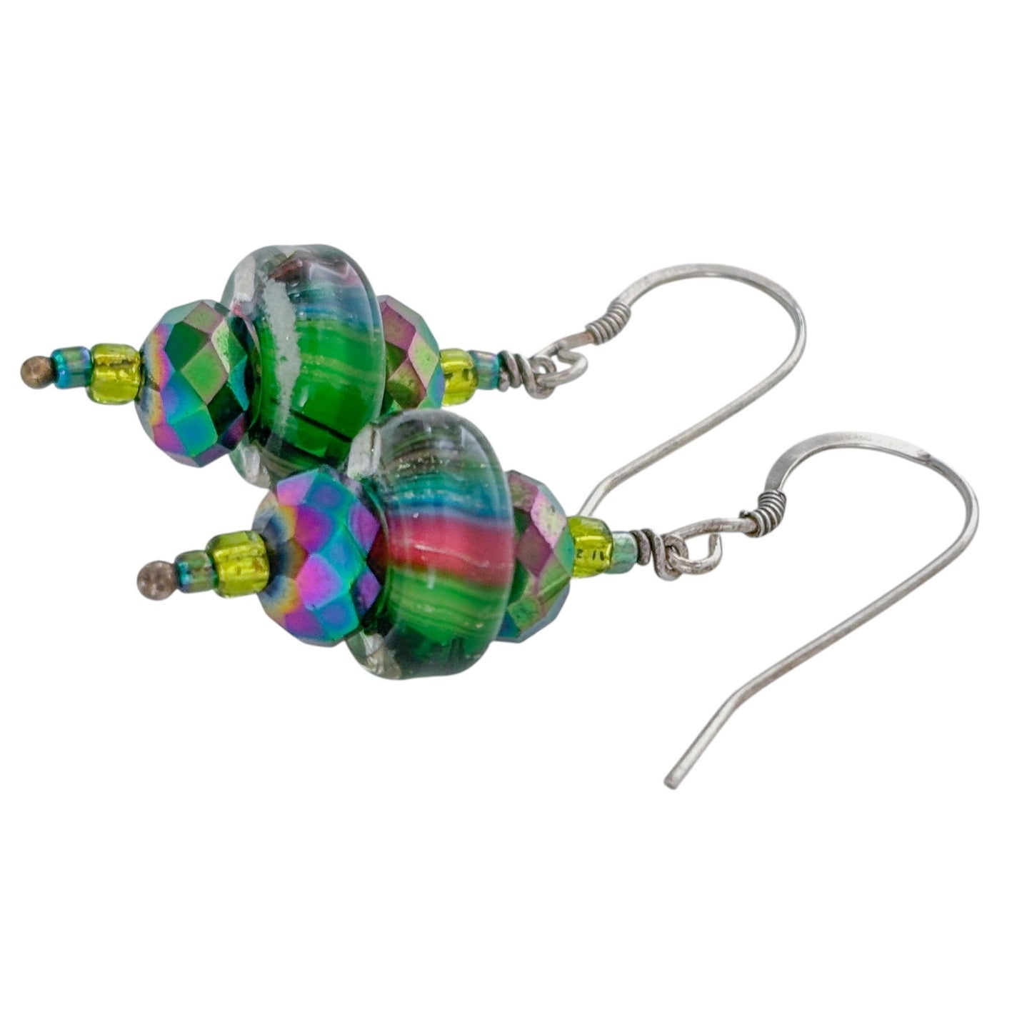 Vintage Sterling Silver 925 Green Rainbow Glass Bead Dangle Earrings