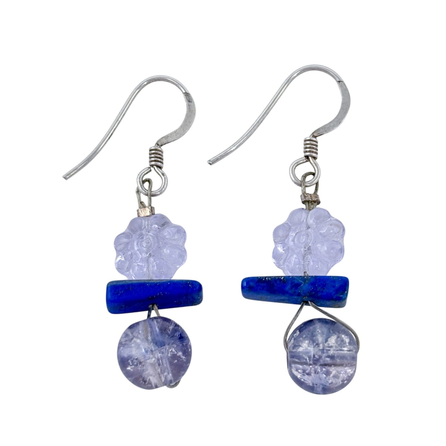 Vintage Sterling Silver 925 Blue Lapis Lazuli Glass Bead Dangle Earrings