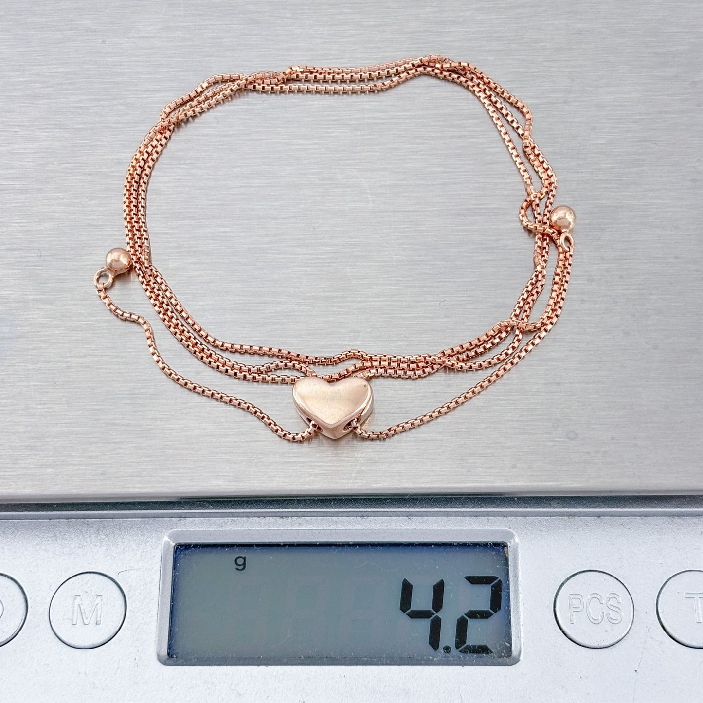 Vintage Sterling Silver 925 Rose Gold-Tone Heart Lariat Necklace up to 23"