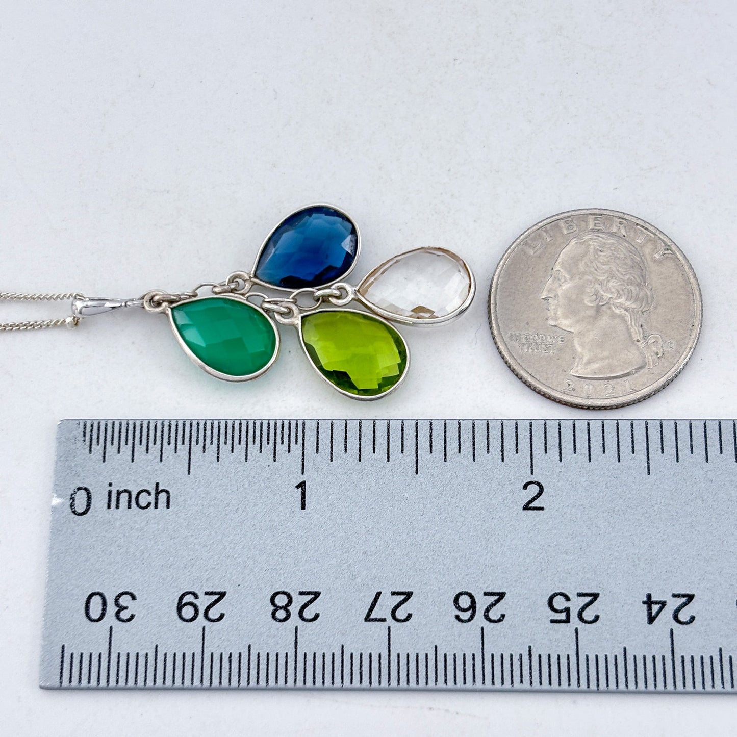 Vintage Sterling Silver 925 Blue Green Glass Teardrop Pendant Necklace 16"