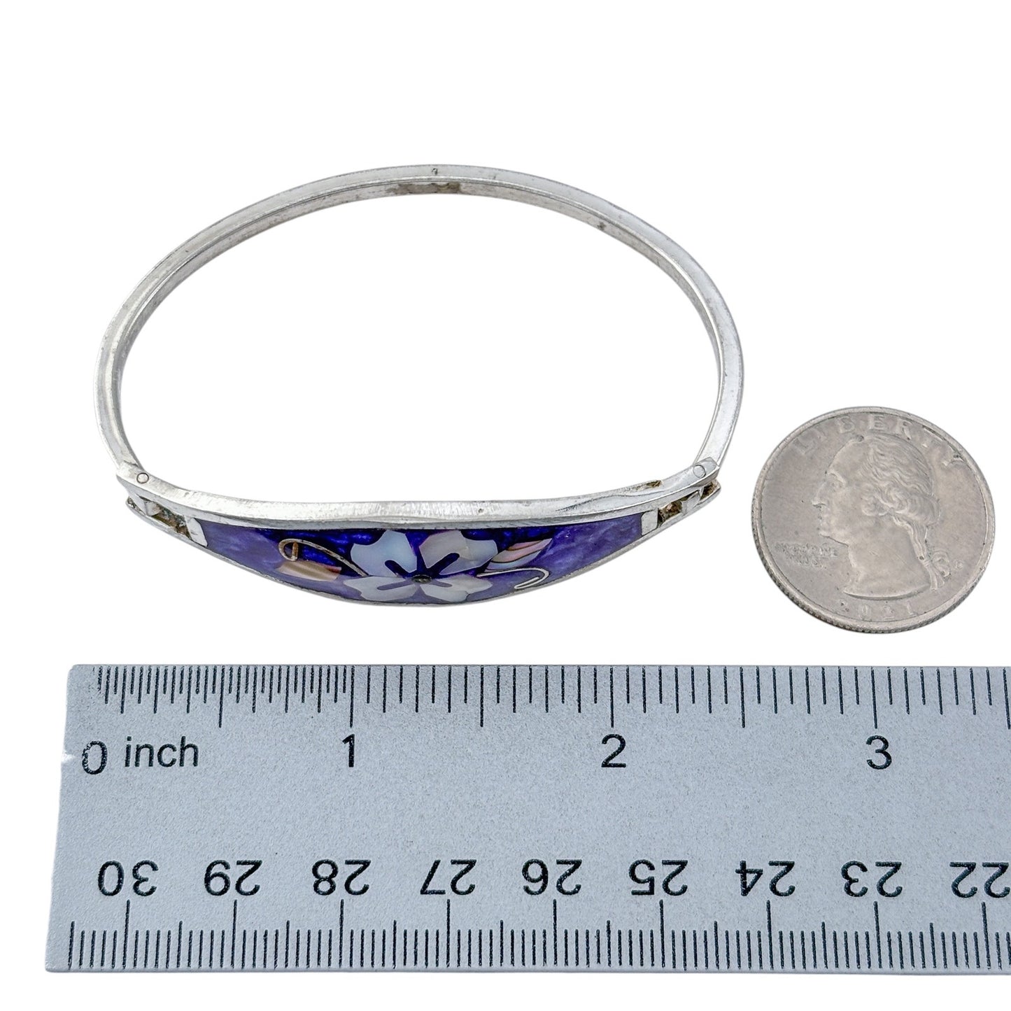 Vintage Alpaca Mexico Purple Abalone Flower Bangle Bracelet 6"