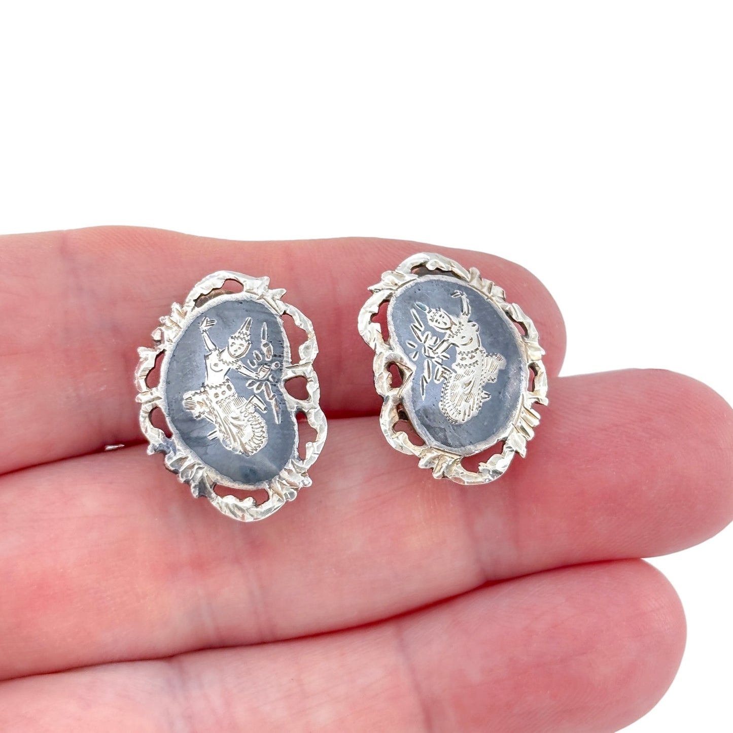 Vintage Sterling Silver 925 Black Siam Dancer Clip On Earrings