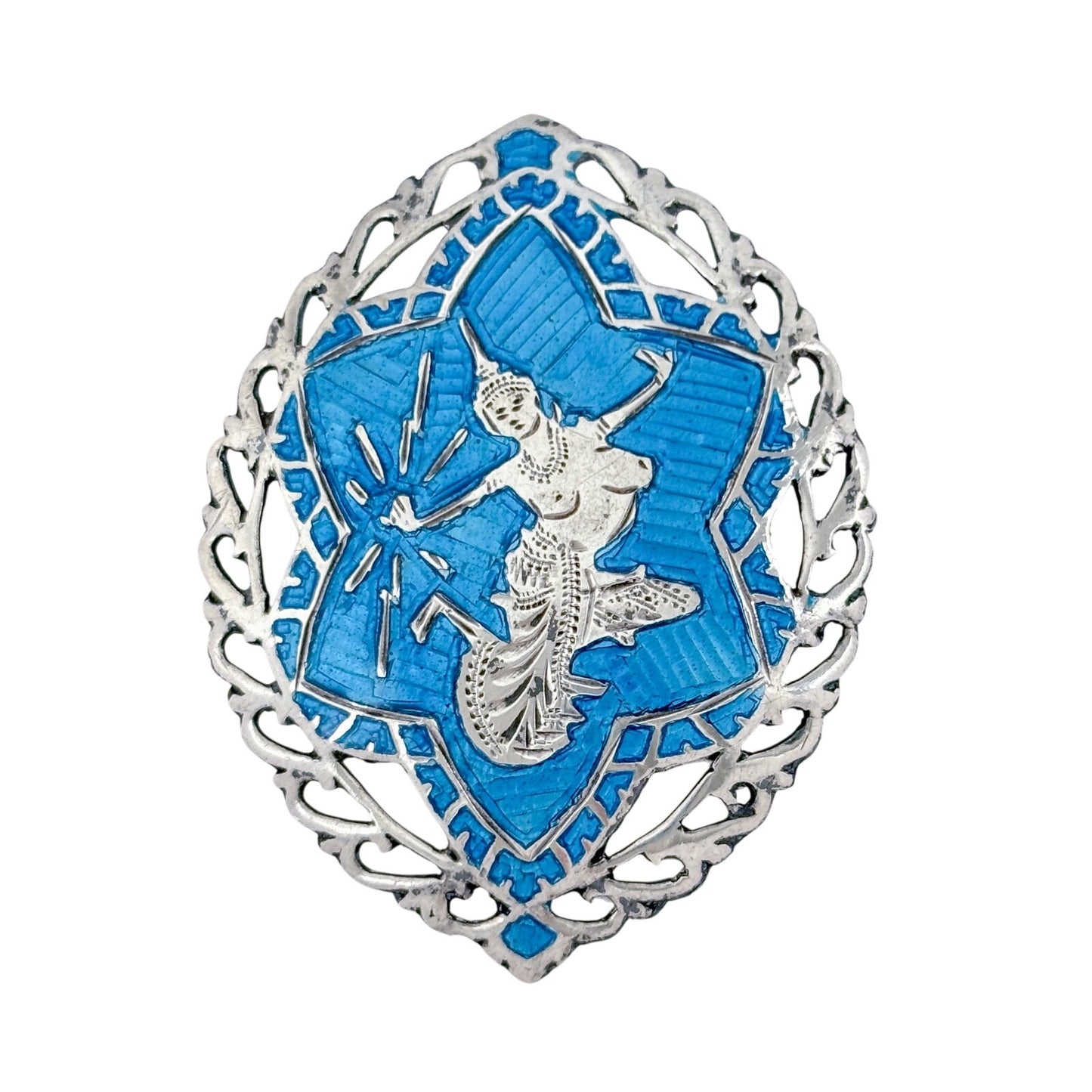 Vintage Sterling Silver 925 Blue Niello Siam Filigree Brooch