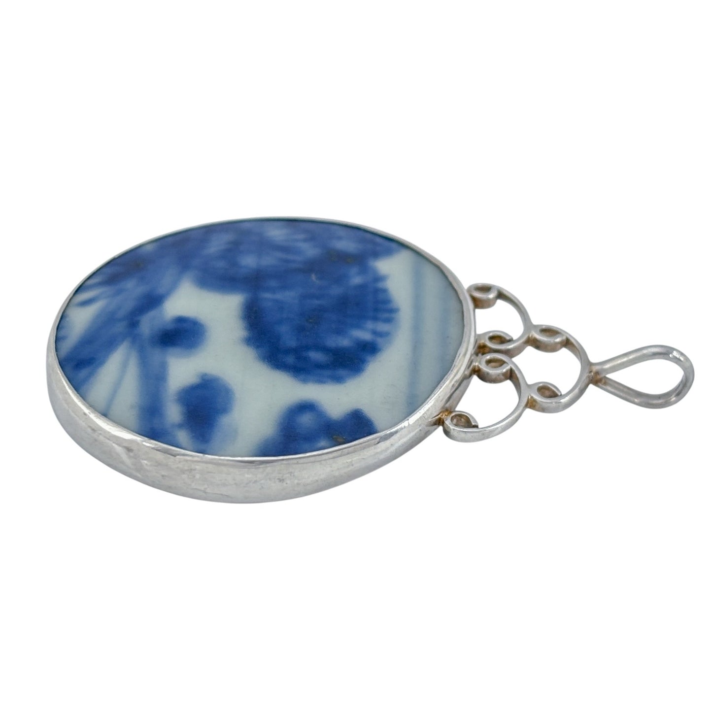 Vintage Sterling Silver 925 Blue White Porcelain Pendant