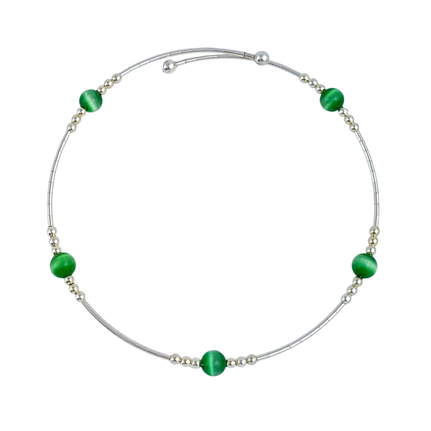 Vintage Sterling Silver 925 Green Cat’s Eye Memory Wire Bracelet 7.5"