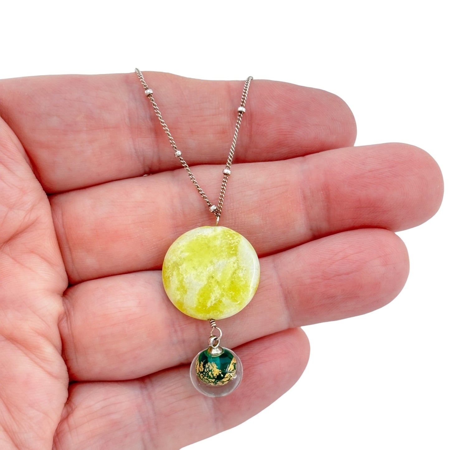 Vintage Sterling Silver 925 Yellow Glass Green Marble Pendant Necklace 17.5"