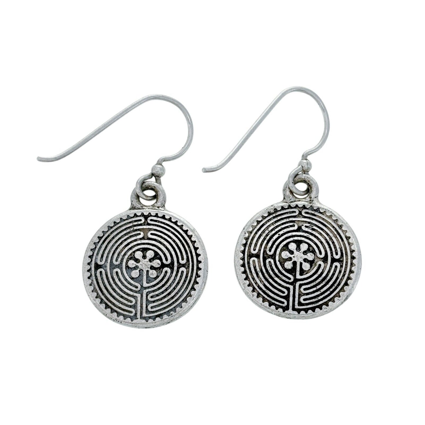 Vintage Silver-Plated Labyrinth Design Dangle Earrings
