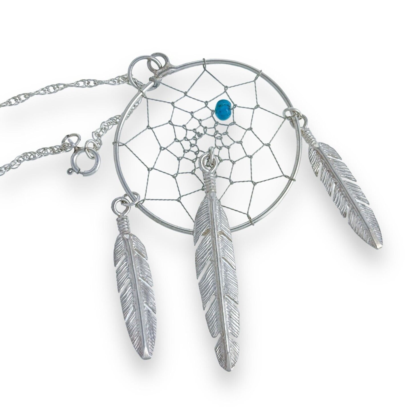 Vintage Silver-Tone Turquoise Bead Feather Charm Dreamcatcher Pendant ONLY