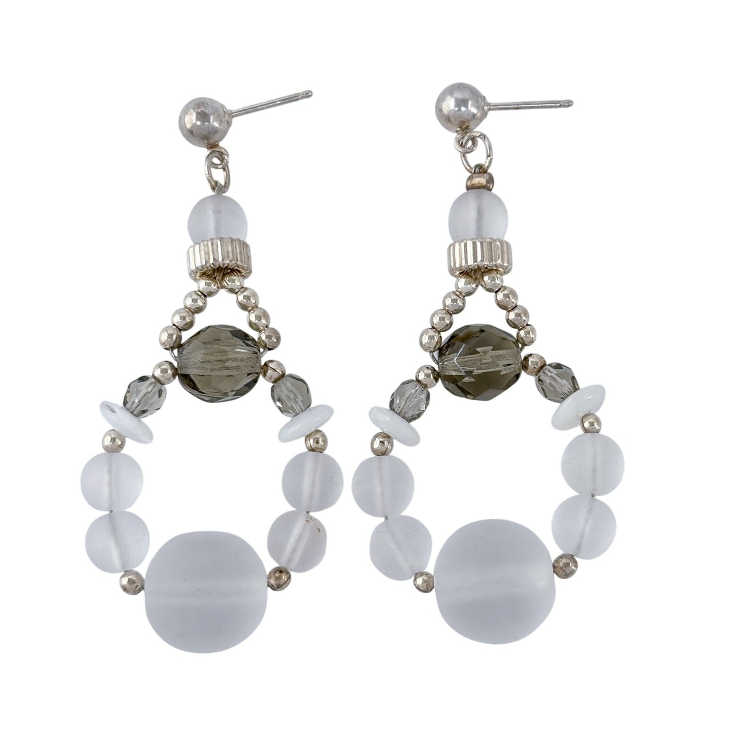 Estate Sterling Silver 925 Gray Crystal Bead Dangle Earrings
