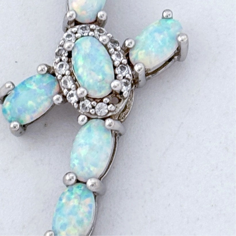 Vintage Sterling Silver 925 Opal Cubic Zirconia (missing 1 stone) Cross Pendant