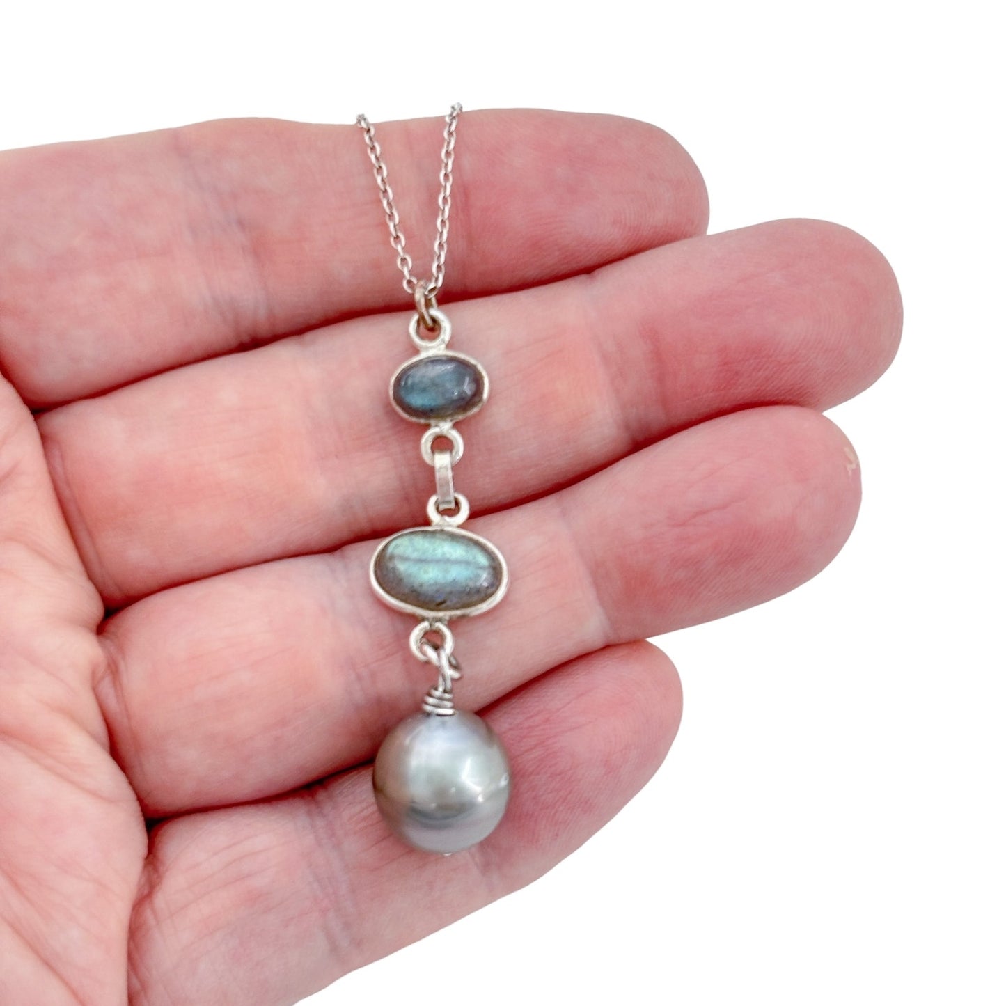 Vintage Sterling Silver 925 Labradorite Pearl Pendant Necklace 18"
