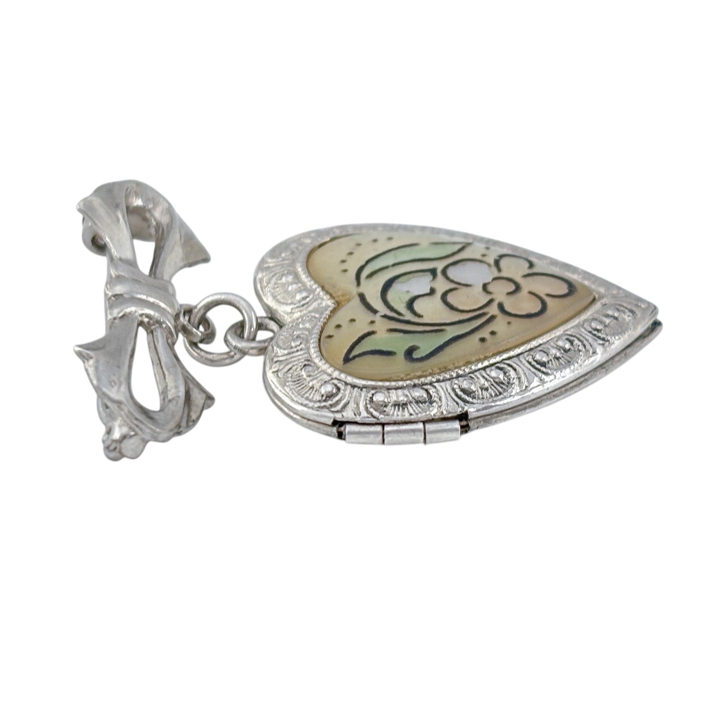 Vintage Sterling Silver 925 Floral Mother of Pearl Heart Locket Brooch
