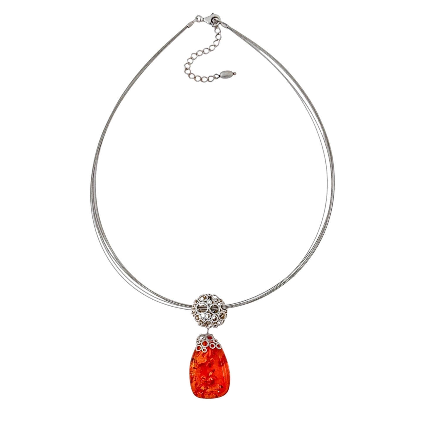 Vintage Sterling Silver 925 Amber Teardrop Pendant Necklace 16.5-18.5"